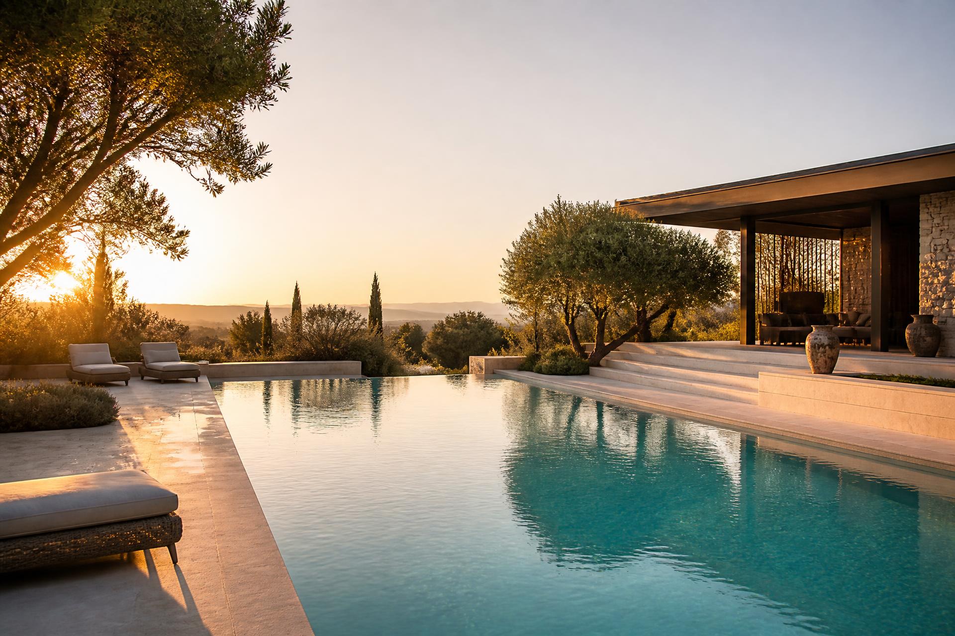 A calm residential swimming pool at golden hour